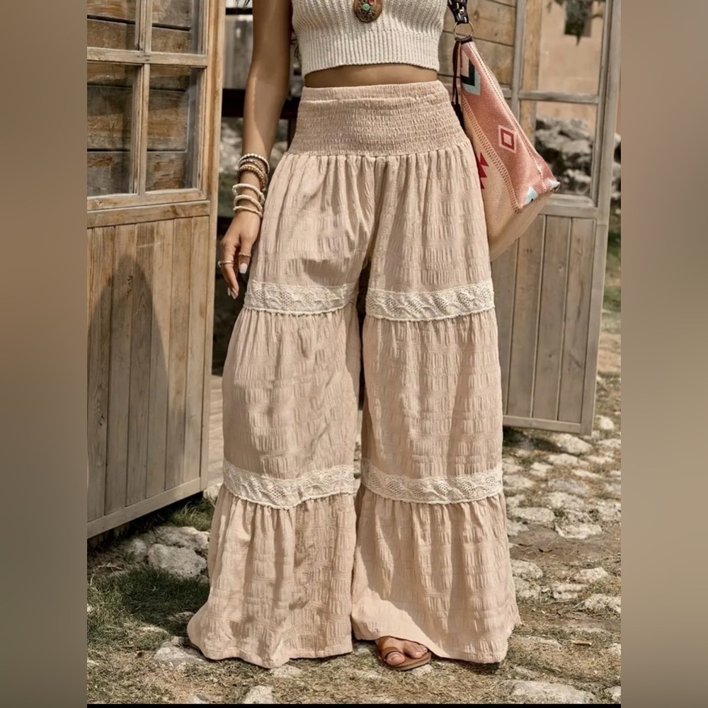 Boho Chic Crochet Lace Tiered Wide Leg Textured Palazzo Pants Coastal Cowgirl L - Picture 3 of 8
